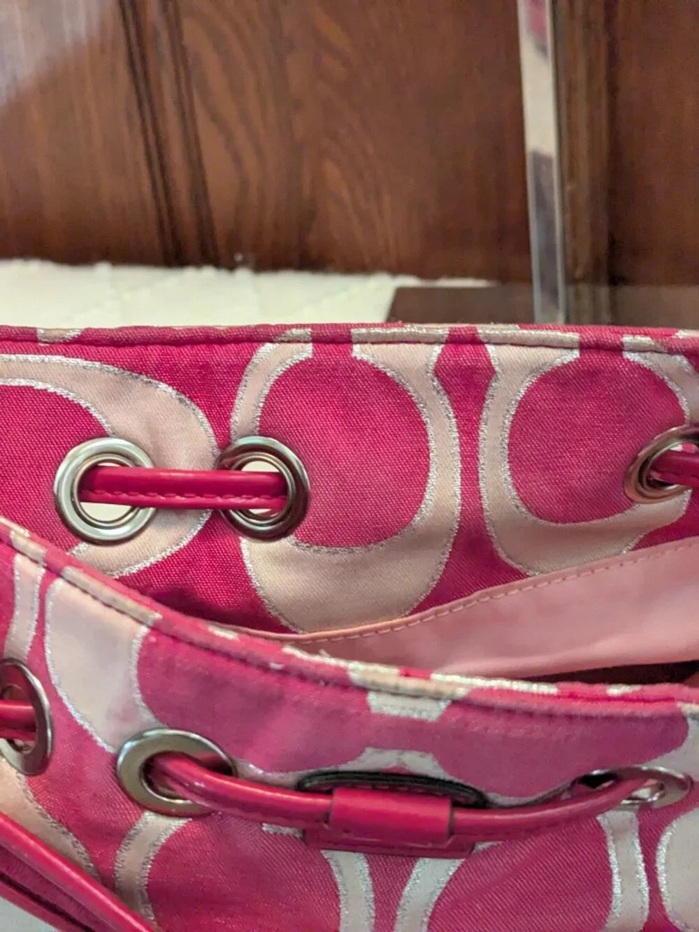 Coach Poppy Bucket Bag Medium Pink, Cream & Silver Good Drawstring